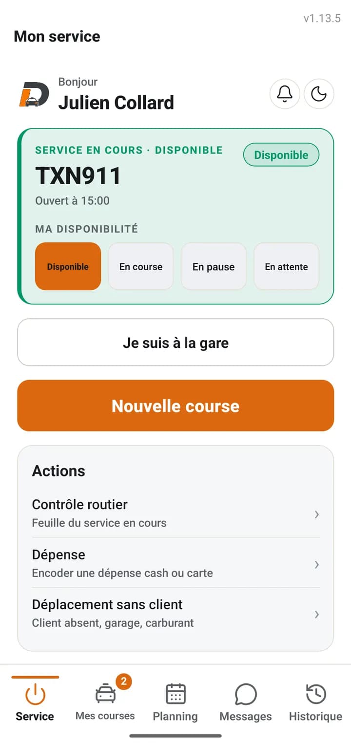 App chauffeur DashCab : service en cours sur le véhicule TXN911, disponibilité, bouton Nouvelle course, actions contrôle routier et dépense